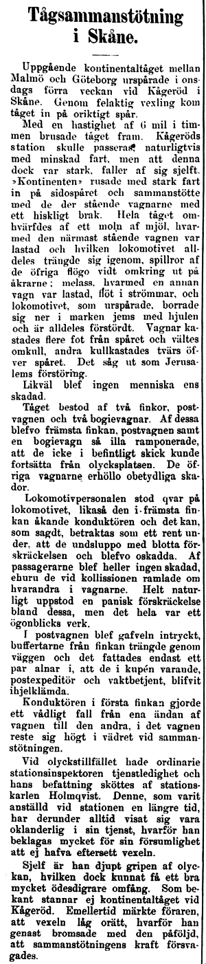 Tidningsartikel om järnvägsolycka i Kågeröd 1899